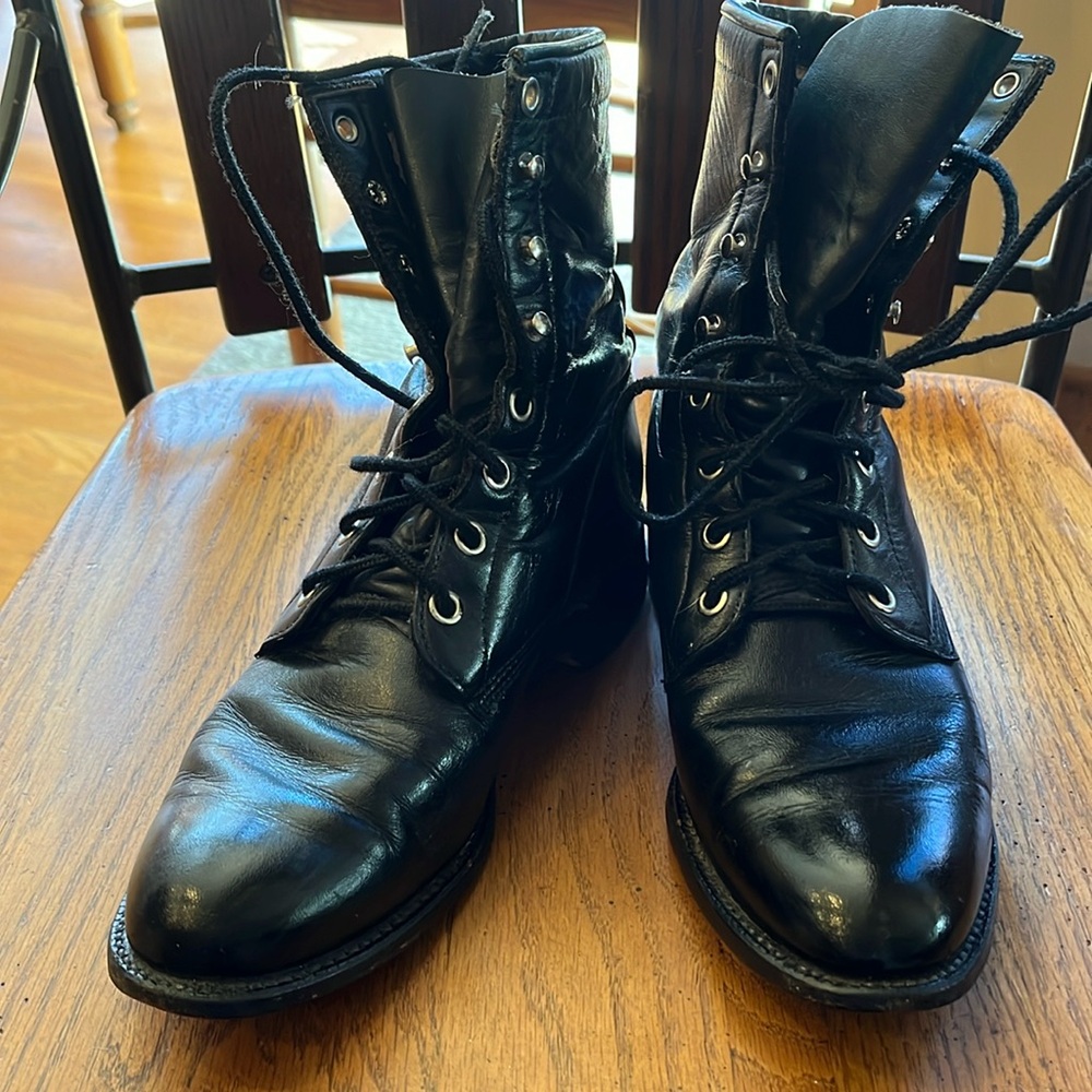 Justin 6B L0506 black leather roper lace-up boots ankle booties women girls GUC